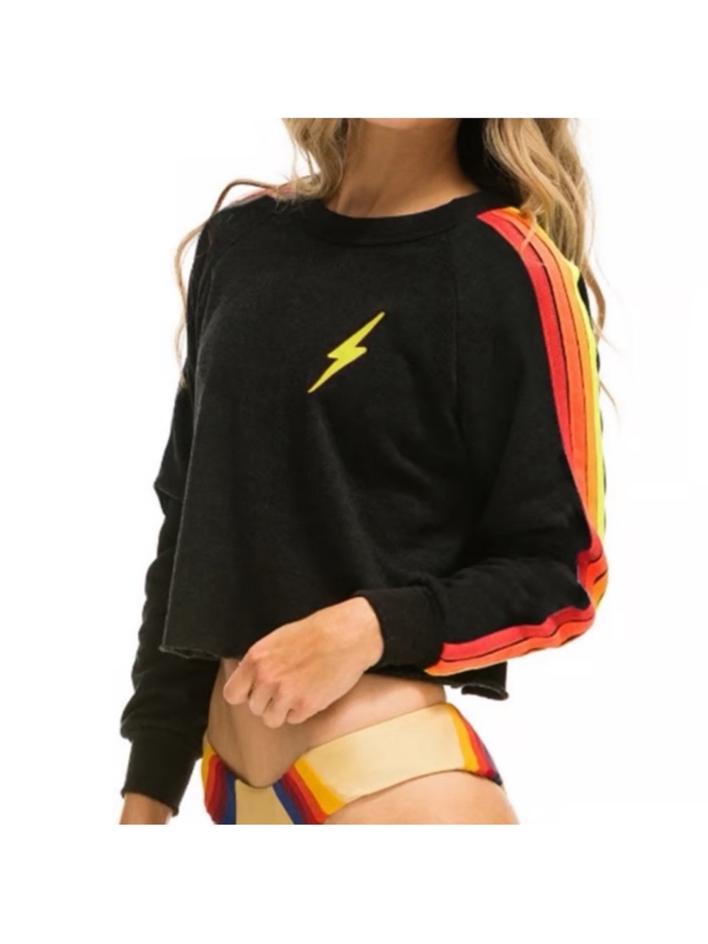 Aviator Nation Black Cropped Sweatshirt with Red & Yellow Stripe